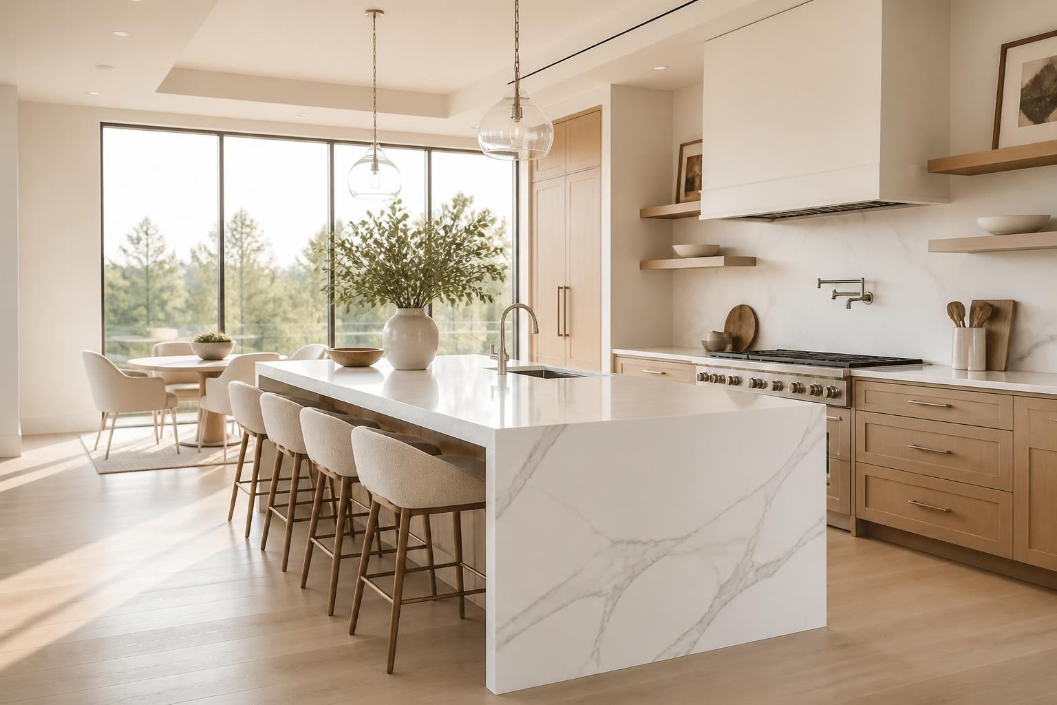 Bright luxury kitchen with white Calacatta marble island